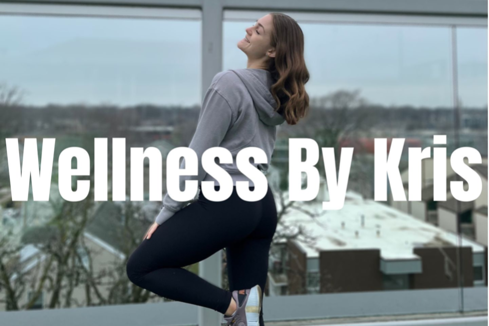Caption "Wellness By Kris" with a girl standing behind the words in a yoga pose