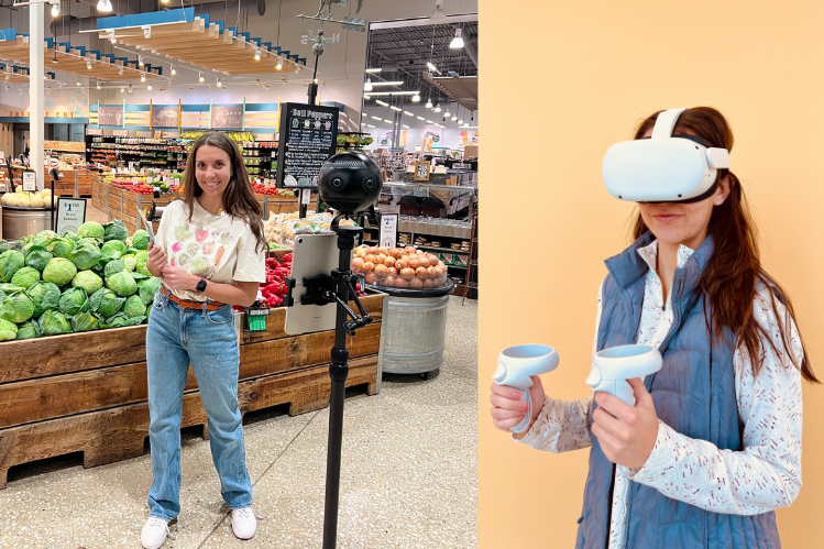 Two-panel image. On the left, a young woman stands in the produce section of a grocery store, with a mound of cabbages and peppers behind her. A round virtual reality camera stands in front of her. On the right, the same woman is posed wearing a virtual reality headset and holding two VR controllers.