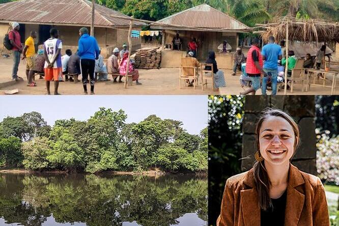 Composite of three photos: Top shows people gathering in a village in Sierra Leone, bottom left is a nature photo of water and trees, and bottom right shows a smiling woman.  