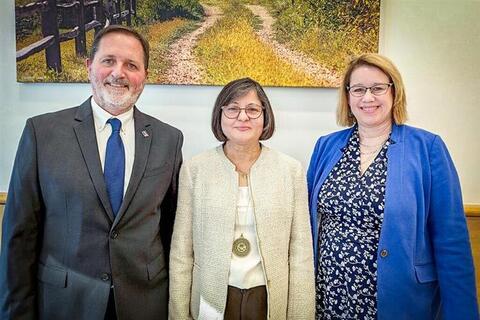From left: College of ACES Dean Germán Bollero; Madhu Khanna, Alvin H. Baum Family Fund Chair; and Vice Chancellor for Research and Innovation Susan Martinis. 