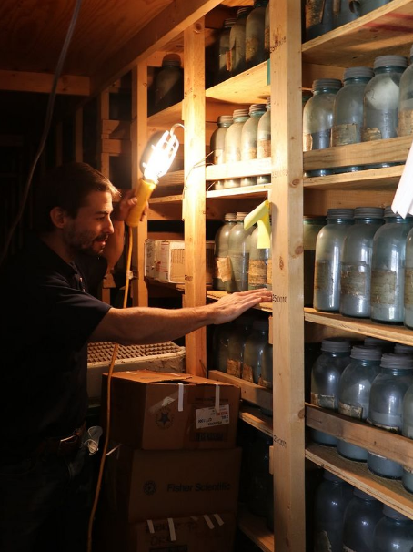 Andrew Margenot looking at barn shelves with soils in jars